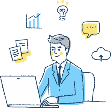 男性がパソコンを見ているイラスト | 介護業務・テクノロジー伴走支援センターおきなわ「かいテク沖縄」